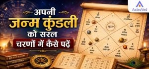 Astrology-themed Hindi blog banner featuring a glowing zodiac wheel, traditional Vedic birth chart (Janma Kundli), ancient astrology books with Hindi text, planetary symbols, and a cosmic spiritual background with the title “अपनी जन्म कुंडली को सरल चरणों में कैसे पढ़ें”