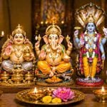 Statues of Lakshmi, Kubera, Ganesha, Vishnu, and Shiva arranged for home prosperity, symbolizing wealth, success, and positive energy.