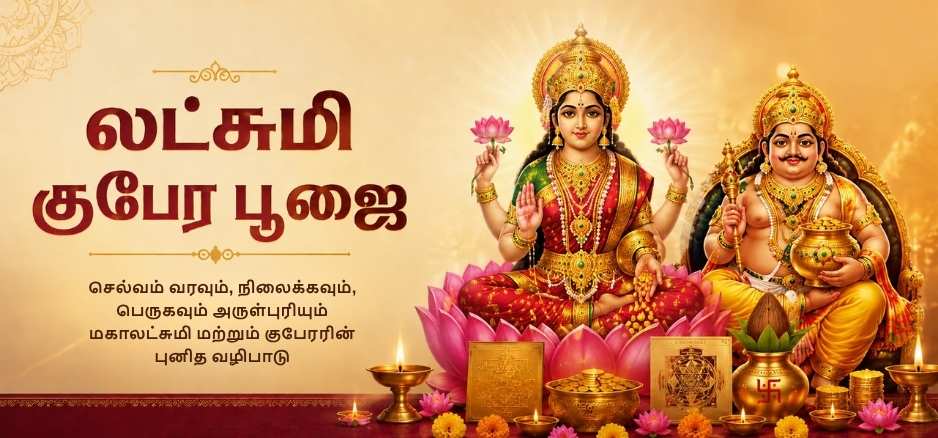 லட்சுமி தேவி மற்றும் குபேர பகவான் அருளுடன் செல்வம், செழிப்பு மற்றும் நிதி வளம் பெற உதவும் லட்சுமி குபேர பூஜை பற்றிய தெய்வீக பேனர் படம்
