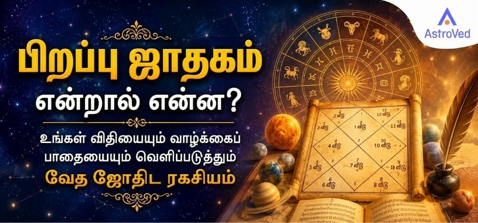 பிறப்பு ஜாதகம், 12 வீடுகள் மற்றும் 9 கிரகங்களை பிரதிபலிக்கும் வேத ஜோதிட காட்சி