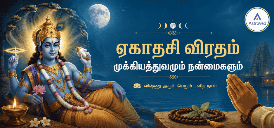 ஏகாதசி விரதத்தின் முக்கியத்துவத்தையும் நன்மைகளையும் குறிக்கும் வகையில், சந்திர ஒளியில் விஷ்ணு, தீபம், ஜெபமாலை மற்றும் பிரார்த்தனை கைகள் இடம்பெற்ற ஆன்மீக காட்சி.