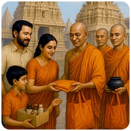 Donating Saffron Clothes Carry Bags and Ayurvedic Items to Monks