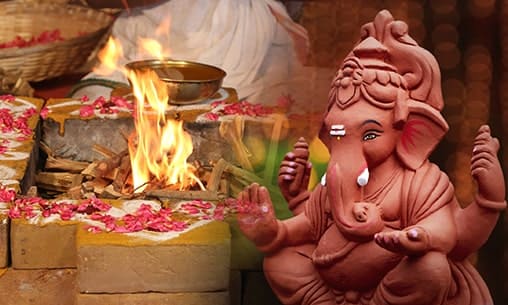 Ganesha Hrudhayam (Armor Invoking Ganesha’s Benevolence) Kavacham Chanting followed by 5-Priest Gaja Mukha Ganesha Fire Lab with Clay Ganesha Visarjanam (Idol immersion)