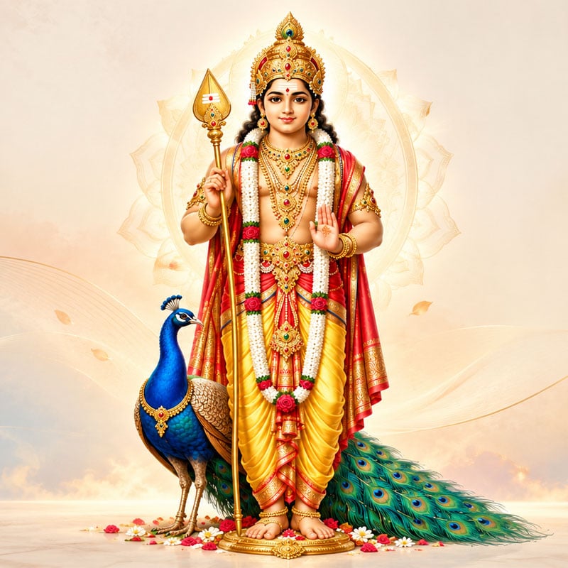 Lord Muruga holding radiant golden Vel with peacock