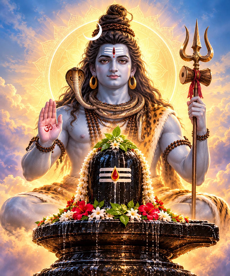 Lord Shiva blessing a sacred Shiva Lingam